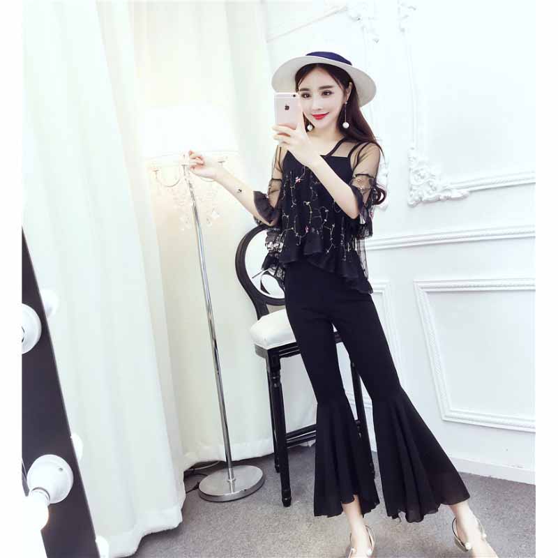 Weiti 2017 Summer Small Flower Mesh + Camisole + Flared Pants Three-piece Set for Women