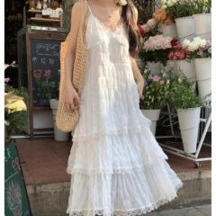 Lace-patched White Spaghetti Strap Dress for Women in Summer, Waist-tightening, for Beach Vacations, Tea Break, French-style Long Dress, Fairy Cake Skirt