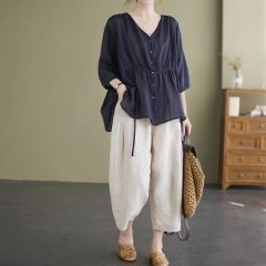 Middle-aged Mother's Summer Outfit, 2024 New Style Set, Middle-aged and Elderly Short-sleeved Top, Large-sized Cotton and Linen Pants, Stylish Two-piece Set