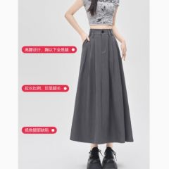 Gray Suit Half Skirt for Women, Summer 2025 New Style, Medium and Long Length, Hip-hiding, Slimming, for Pear-shaped Figure, A-line Pleated Umbrella Skirt