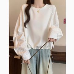 插肩袖正肩白色卫衣大码女装2025春季新款胖mm宽松打底衫抽绳上衣