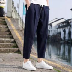 亚麻九分裤裤男夏薄款直筒棉麻裤子潮牌大码男裤宽松百搭休闲长裤