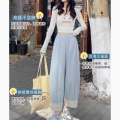 蓝色蕾丝花边拼接哈伦裤女春季松紧高腰宽松小个子九分休闲阔腿裤